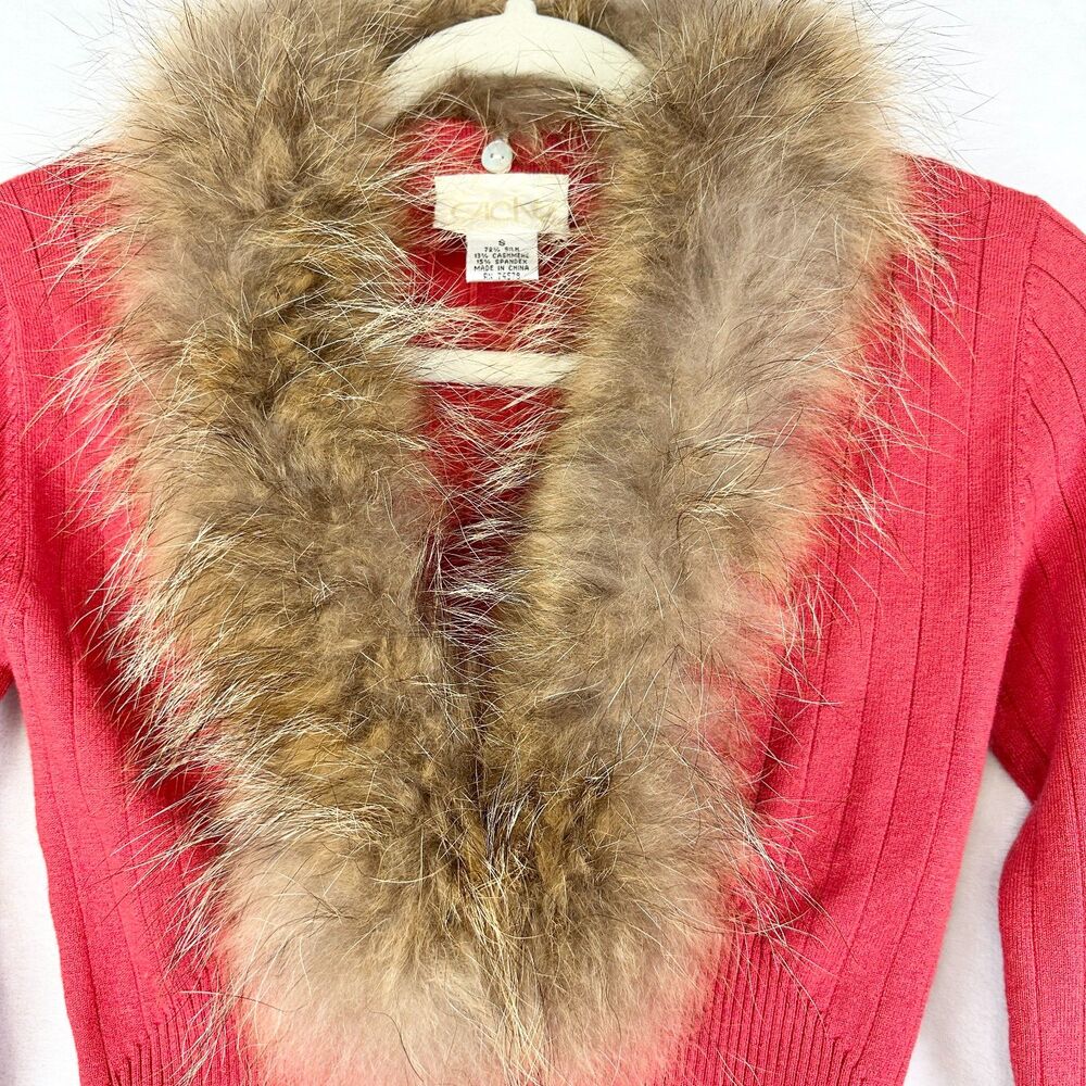 Cache Vintage Y2K Silk Cashmere Genuine Fur Collar Cardigan Top Size Small Red - Picture 3 of 4